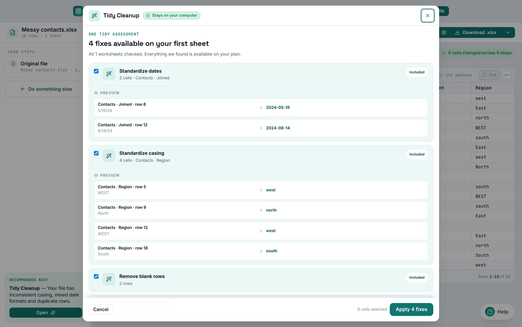 TidyCell automatically reviewing a messy Excel workbook before cleanup, with separate fixes for dates, inconsistent casing, blank rows, and duplicate rows plus real before-and-after previews.
