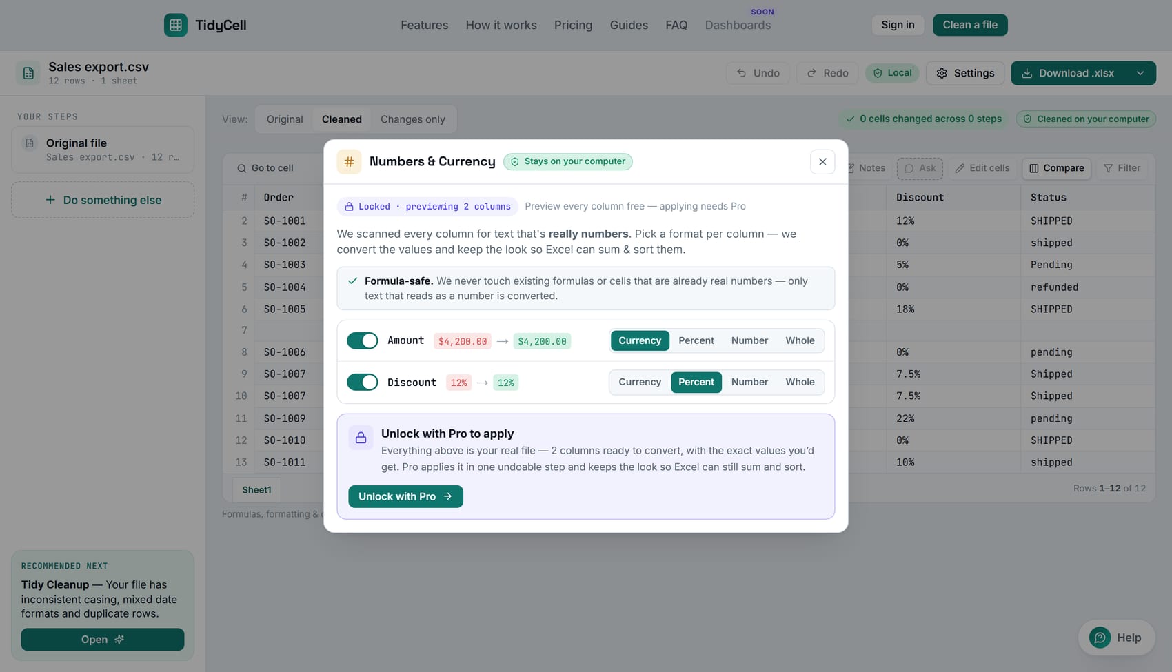 TidyCell's Numbers & Currency tool on a sales export: an Amount column detected as Currency showing $4,200.00 before and after, a Discount column detected as Percent showing 12%, a formula-safe note, and the full preview available before any upgrade.