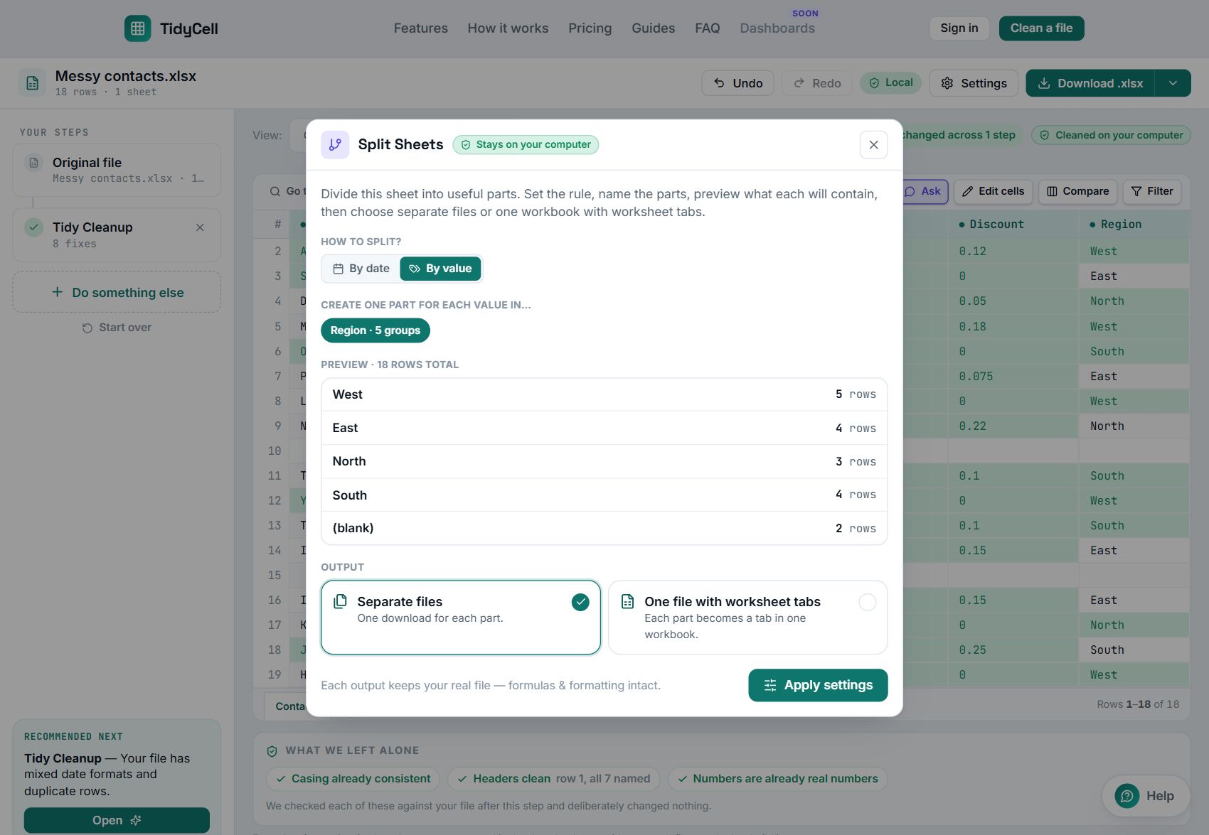 TidyCell's Split Sheets tool set to “By value” on the Region column: five buckets — West 5 rows, East 4, North 3, South 4, (blank) 2 — with “Separate files” selected and the note that each output keeps your real file.